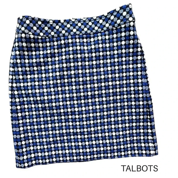 TALBOTS NWOT WOOL & COTTON A-LINE SKIRT BLUE WHITE BLACK DOT LINED | SIZE: 2 - Picture 1 of 7